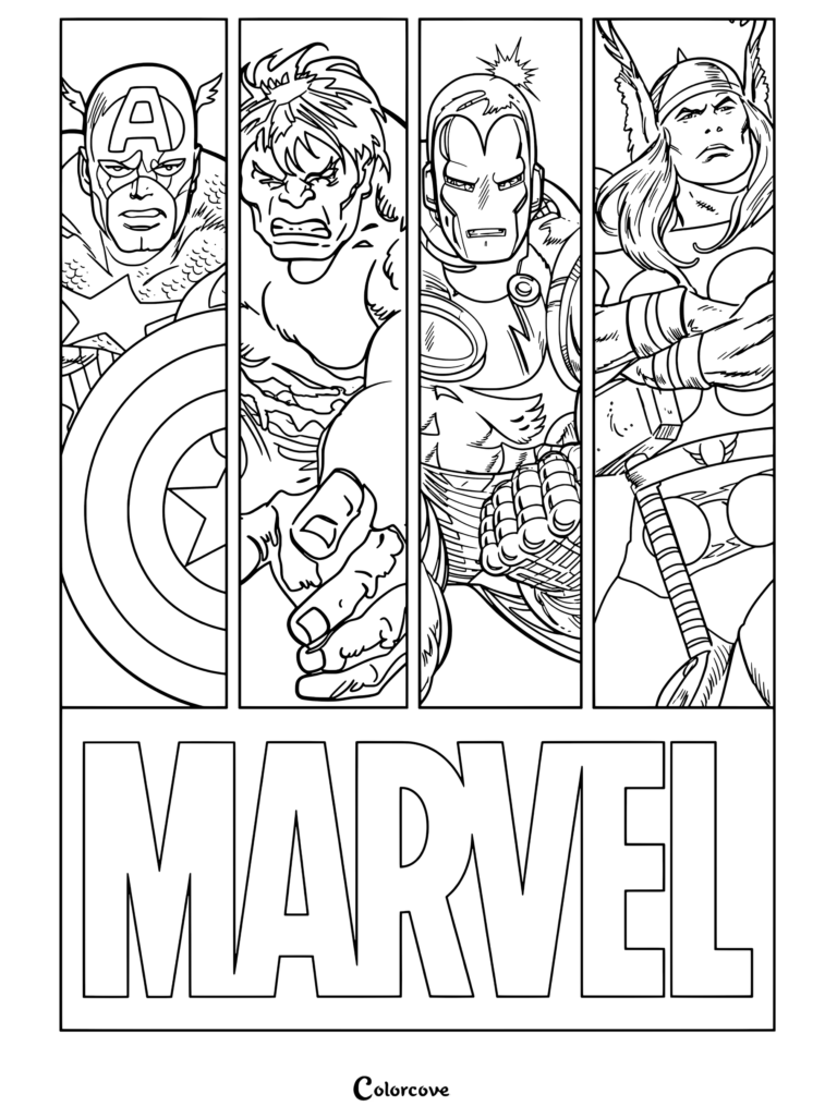 Affiche classique des avengers représentant captain america hulk iron man et thor sur le logo marvel sous forme de coloriage avec les Marvel Avengers.