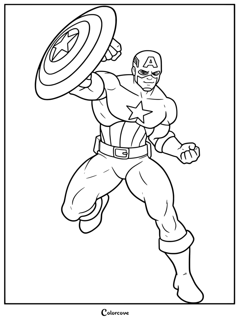 Coloriage de Captain America présentant le personnage de Marvel Avengers tenant son bouclier.