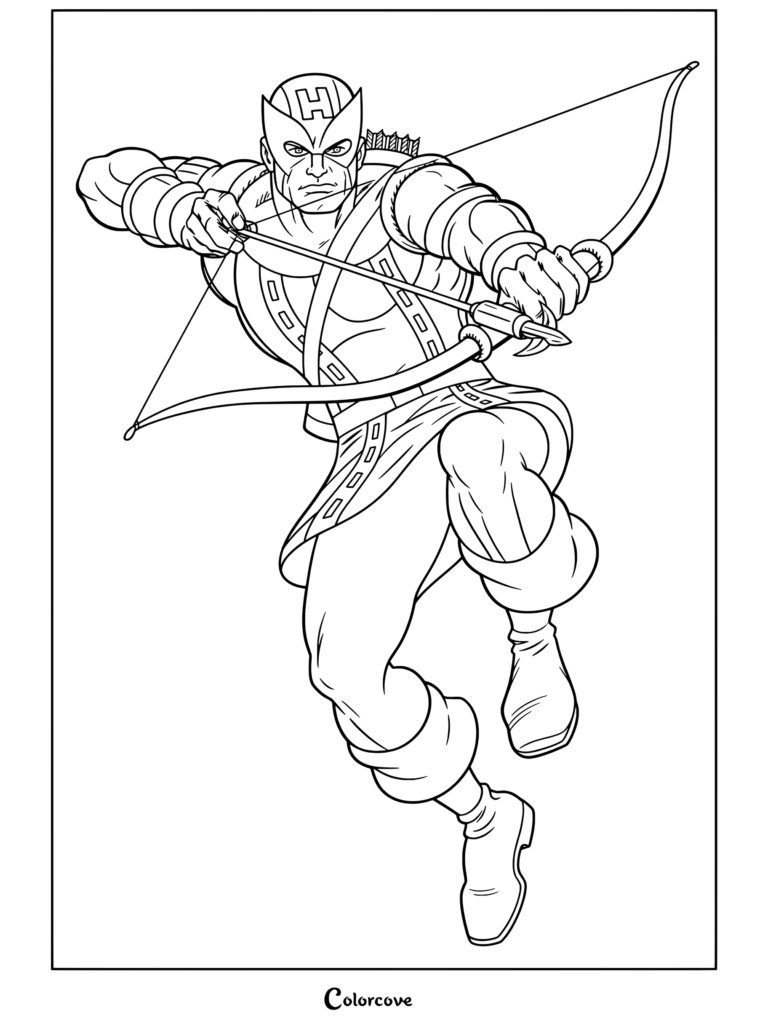 Coloriage imprimable du Hawkeye classique en costume violet et bleu visant un arc et une flèche tout en bondissant vers l'avant des Marvel Avengers.