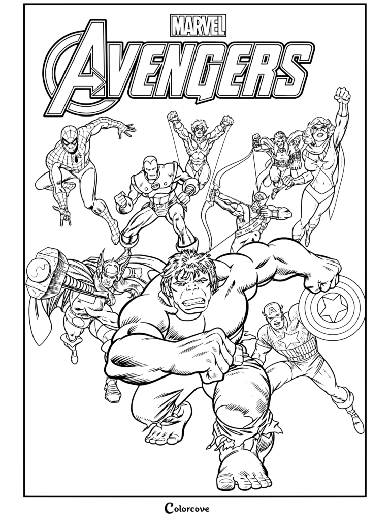 Coloriage Marvel Avengers classique présentant une illustration de groupe pleine d'action de Spider-Man, Iron Man, Hulk, Thor, Captain America, Hawkeye, Ms. Marvel et Captain Mar-Vell.