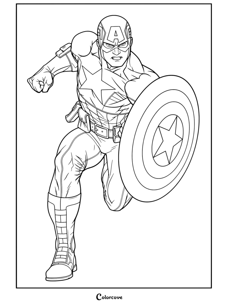 Coloriage Marvel Avengers de Captain America représentant le héros courant vers l'avant et tenant son bouclier circulaire emblématique.