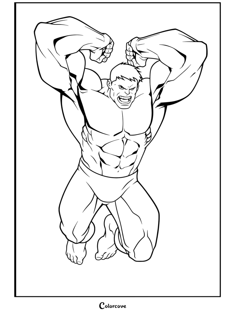 Coloriage imprimable Marvel Avengers de Hulk fléchissant ses muscles et bondissant avec une expression furieuse et portant un pantalon violet