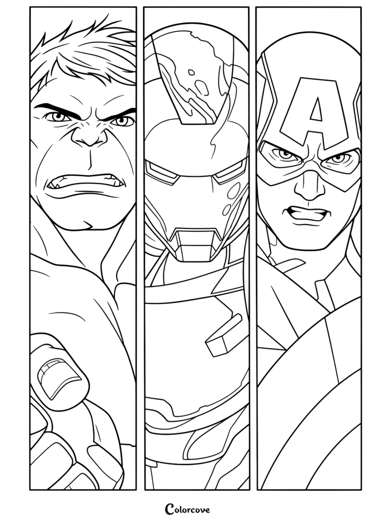 Un coloriage détaillé de Marvel Avengers présentant un triptyque de portraits en gros plan de Hulk, Iron Man et Captain America.
