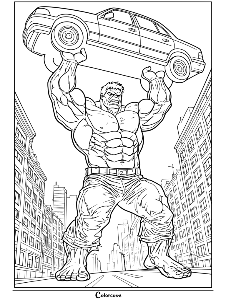 Coloriage Marvel Avengers représentant l'Incroyable Hulk soulevant une berline bleue au-dessus de sa tête dans une rue de la ville parmi les gratte-ciels.