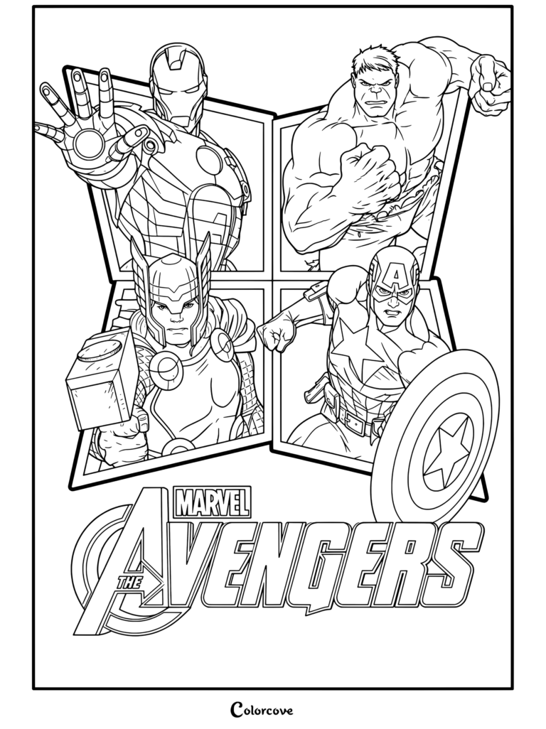 Un coloriage imprimable représentant les Marvel Avengers, incluant Iron Man, Hulk, Thor et Captain America avec le logo emblématique.