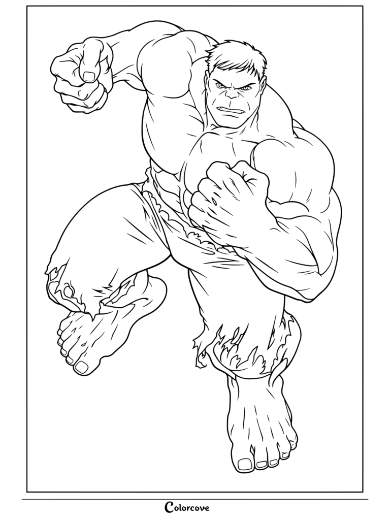 Coloriage Marvel Avengers de Hulk, le puissant goliath vert s'élançant vers l'avant les poings levés et portant un pantalon violet déchiré