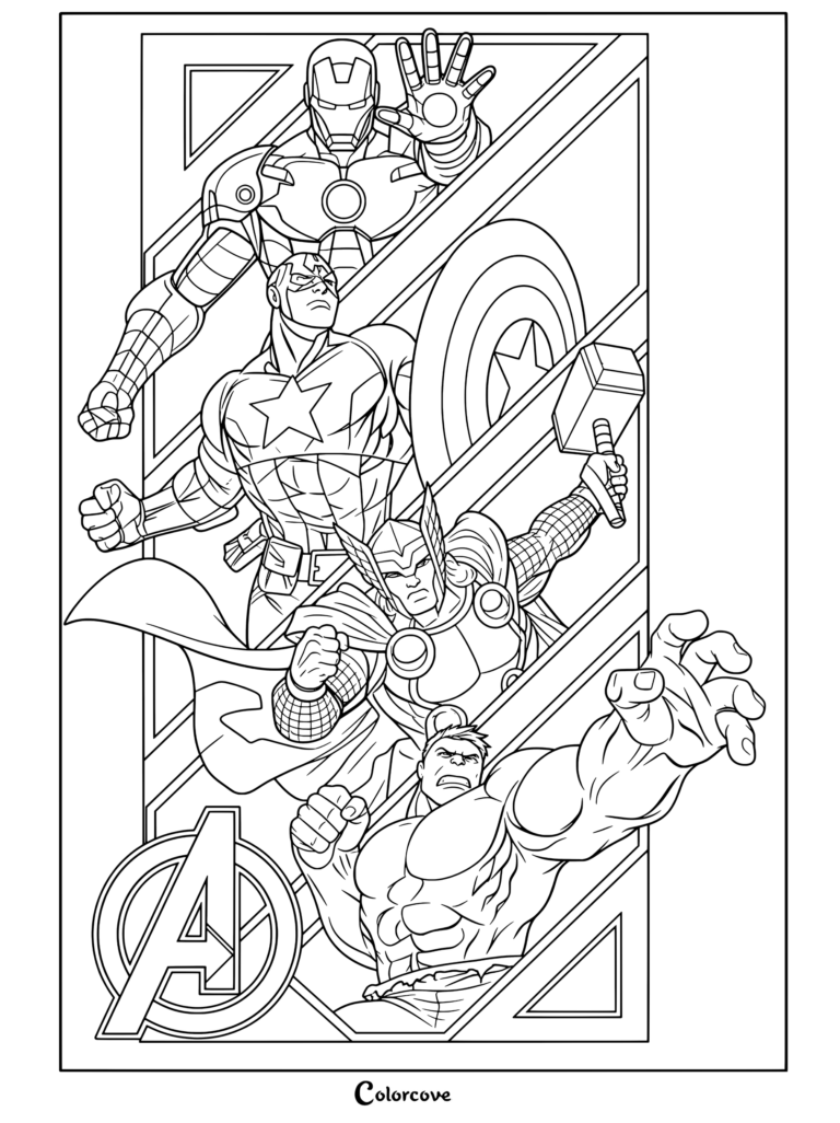 Coloriage Marvel Avengers d'une affiche représentant Iron Man, Captain America, Thor et Hulk avec le logo des Avengers