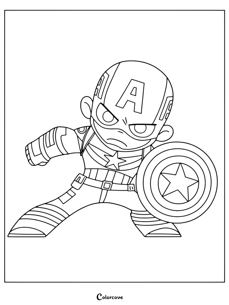 Coloriage de Captain America présentant le personnage de Marvel Avengers dans une pose de combat dynamique avec son bouclier.