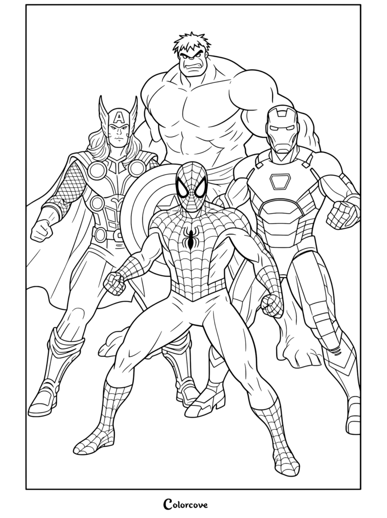 Spider-Man devant le bouclier des Avengers Thor, Hulk, Iron Man et Captain America sur fond coloré en diagonale, coloriage représentant Marvel Avengers.