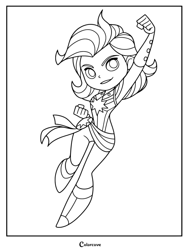Coloriage de Captain Marvel volant dans une pose d'action pour les fans de Marvel Avengers.