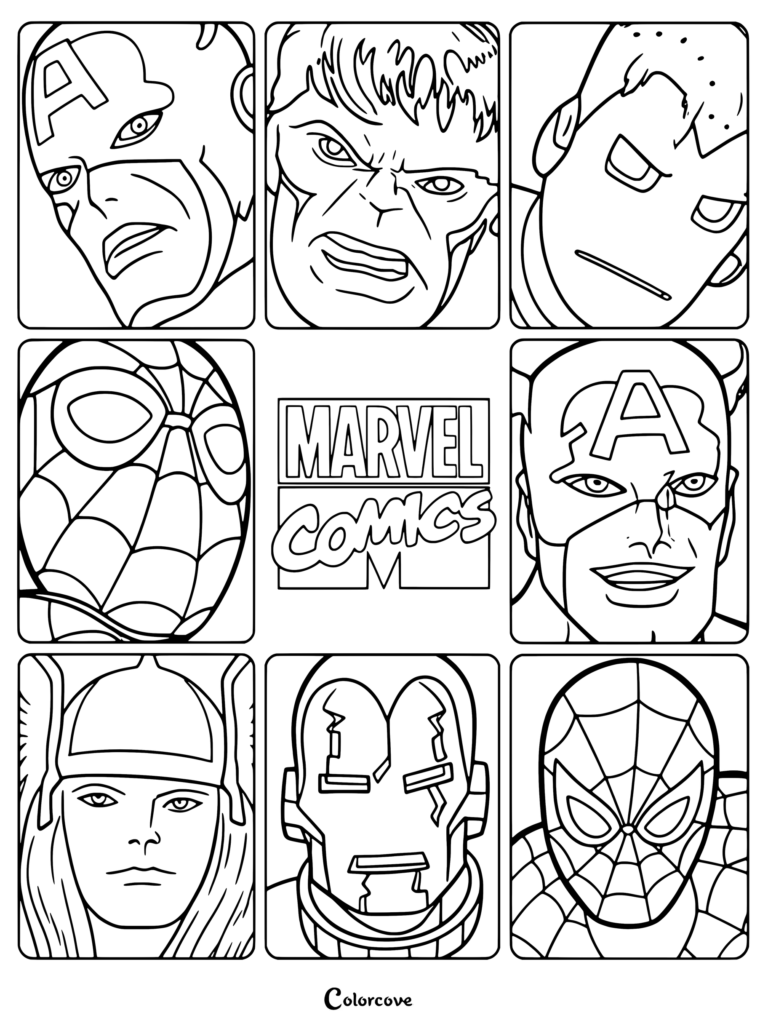 Grille pop art classique mettant en vedette des personnages emblématiques de Marvel Comics comme Captain America, Hulk, Iron Man, Spider-Man et Thor. Coloriage de Marvel Avengers.