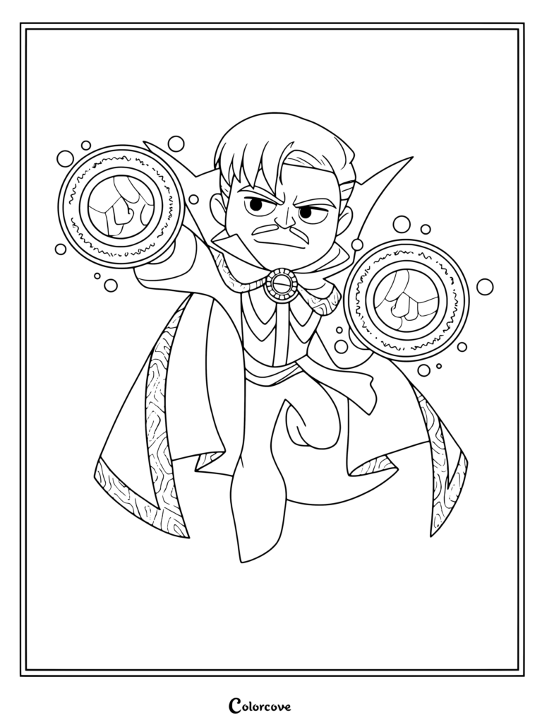 Docteur Strange lançant des mandalas magiques dans ce coloriage amusant de Marvel Avengers.