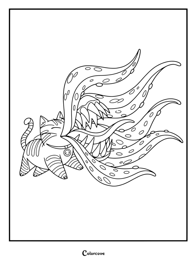 Un coloriage détaillé de Goose révélant sa véritable forme de Flerken avec des tentacules surgissant de sa bouche, idéal pour les fans de Marvel Avengers.