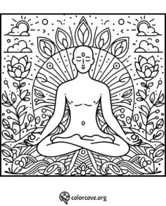 a black and white drawing of a buddha sitting in a lotus position