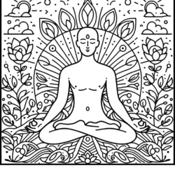 a black and white drawing of a buddha sitting in a lotus position