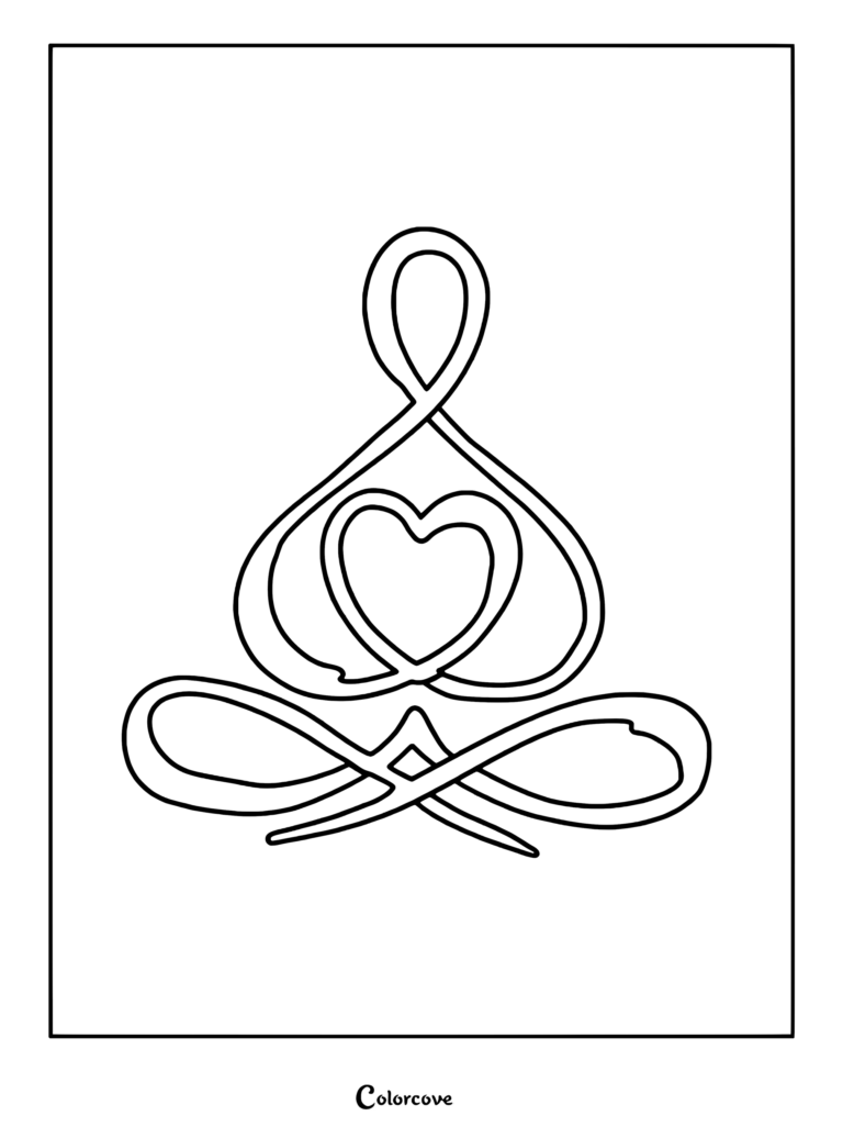 A minimalist line art coloring page featuring a stylized meditation figure with a heart-shaped torso and infinity loop legs.