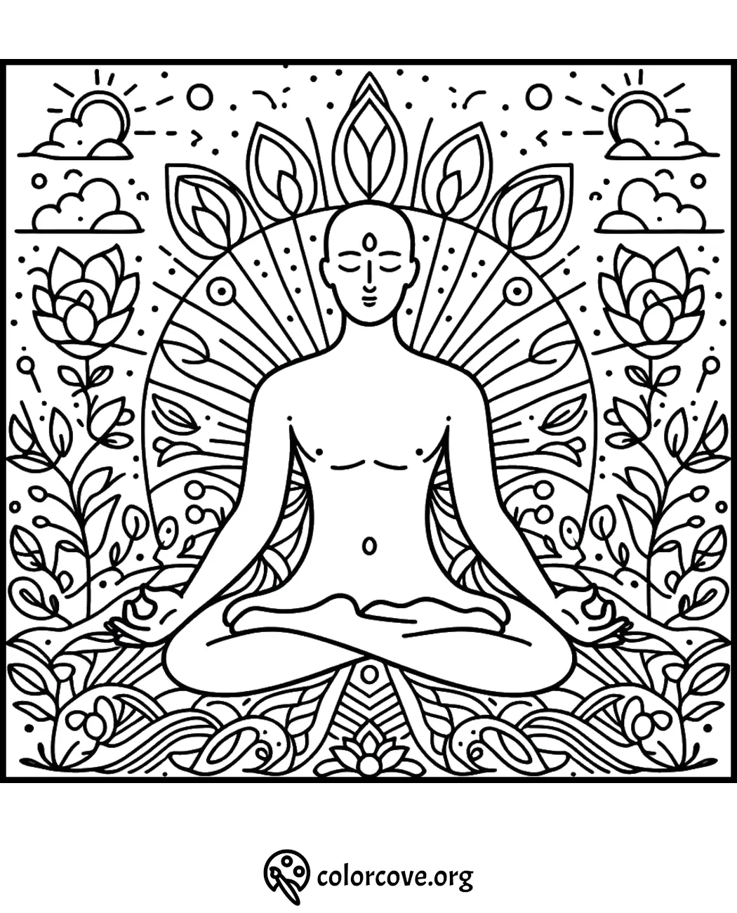 a black and white drawing of a buddha sitting in a lotus position