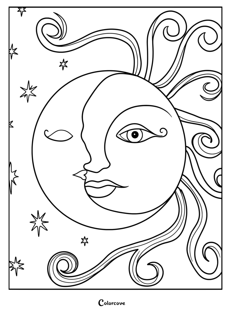 A celestial coloring page featuring a split face of a sun and moon surrounded by swirling rays and stars.