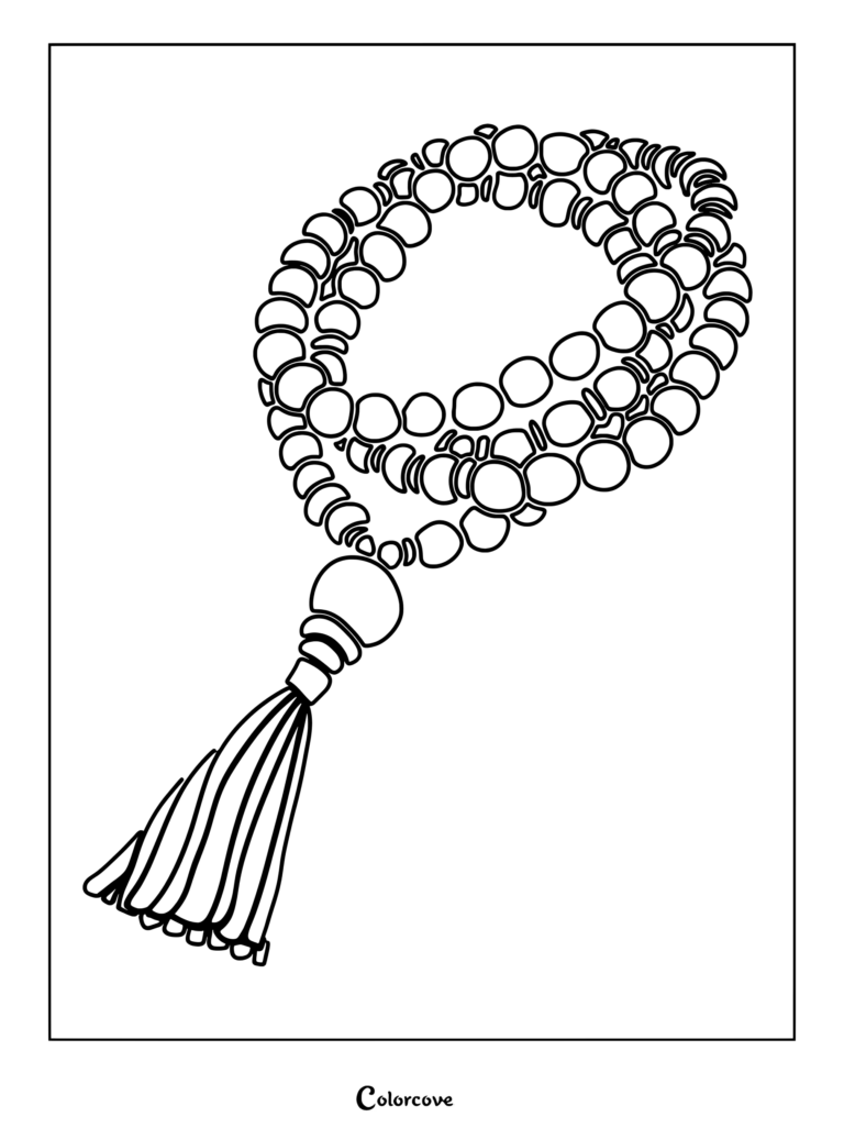 A black and white coloring page featuring a string of meditation mala beads with a decorative tassel.