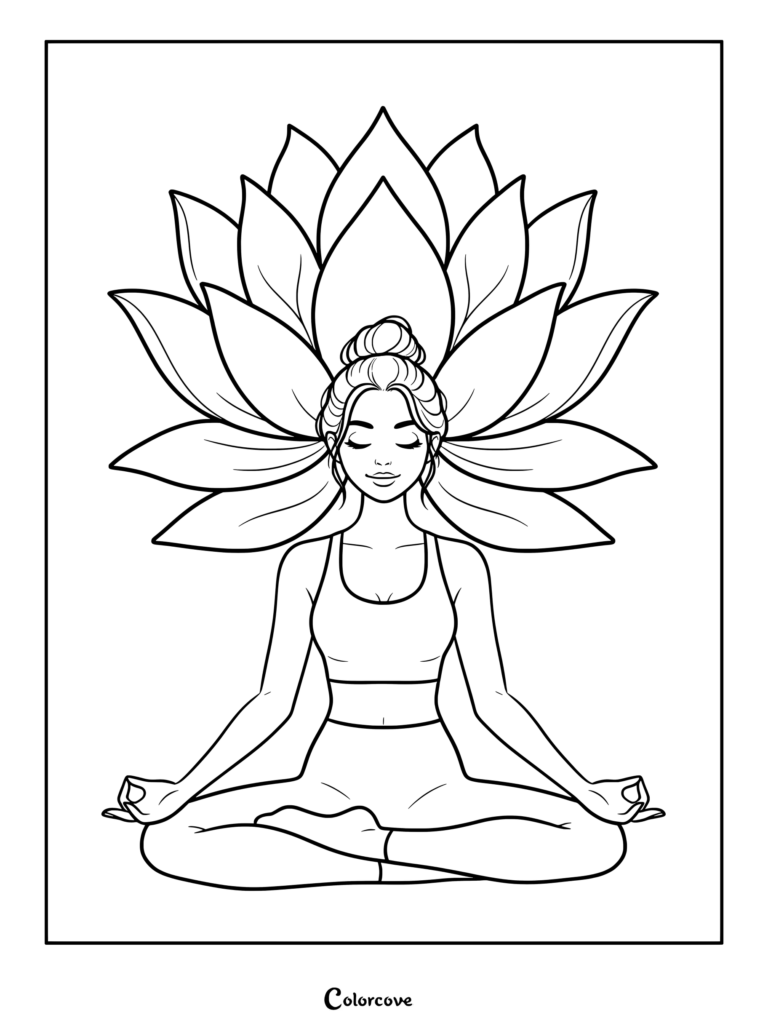 A woman with a hair bun sitting in a lotus pose with a large lotus flower behind her head in this meditation coloring page.