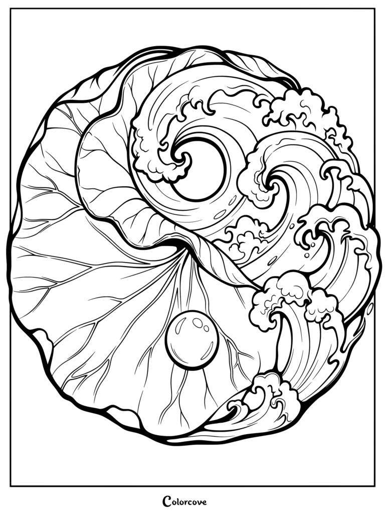 A circular coloring page featuring a large lotus leaf cradling a single pearl, contrasted with swirling Japanese-style ocean waves.