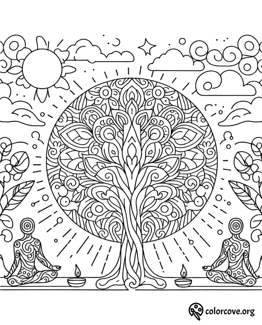 a coloring page of a tree with people meditating