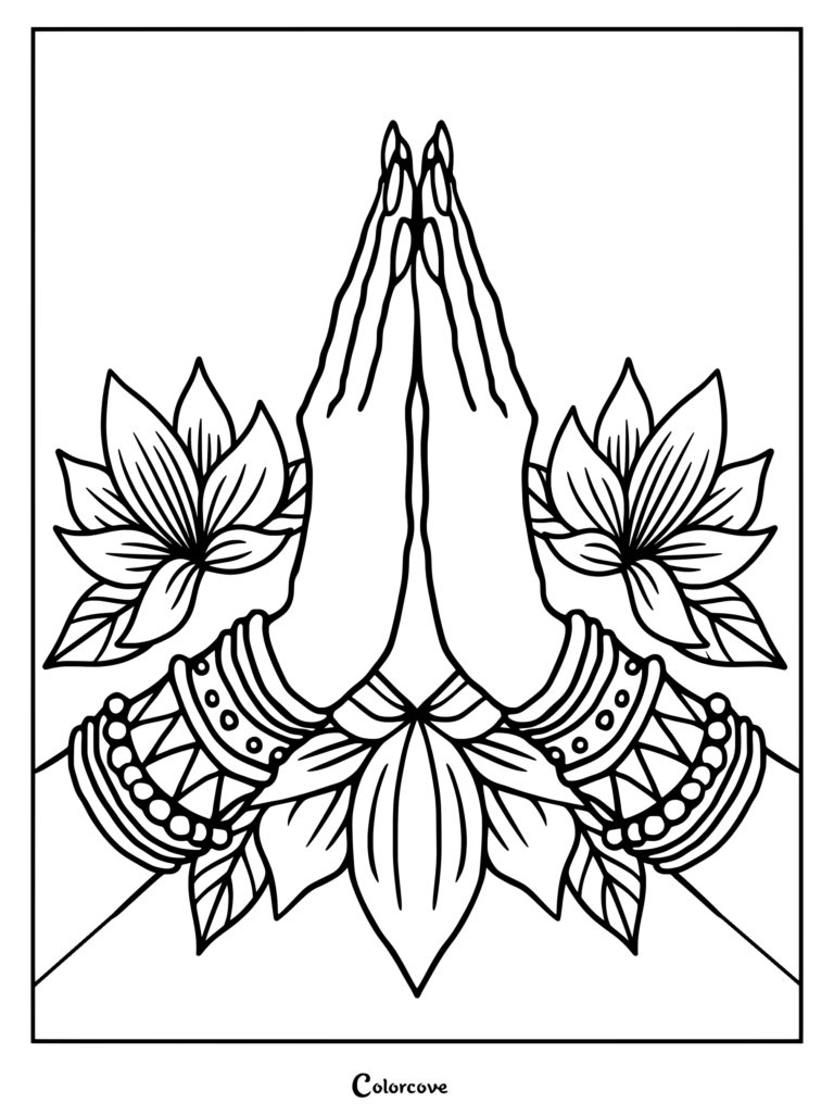 A coloring page featuring hands in a prayer position adorned with ornate bracelets, surrounded by blooming lotus flowers.