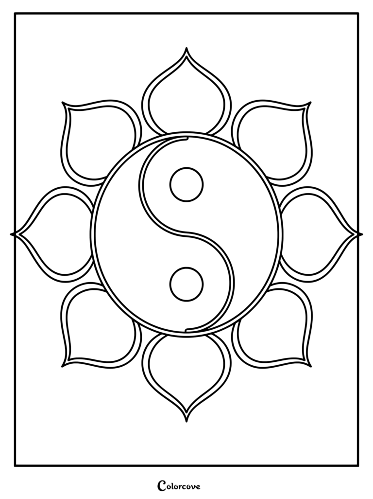 A Yin Yang symbol centered inside a ten-petaled lotus flower mandala coloring page.
