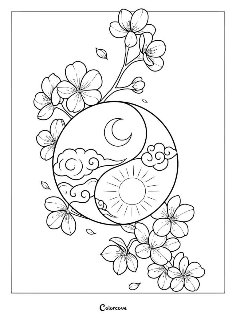 A yin yang symbol featuring a crescent moon with clouds and a radiant sun surrounded by blooming cherry blossom branches in this intricate coloring page.