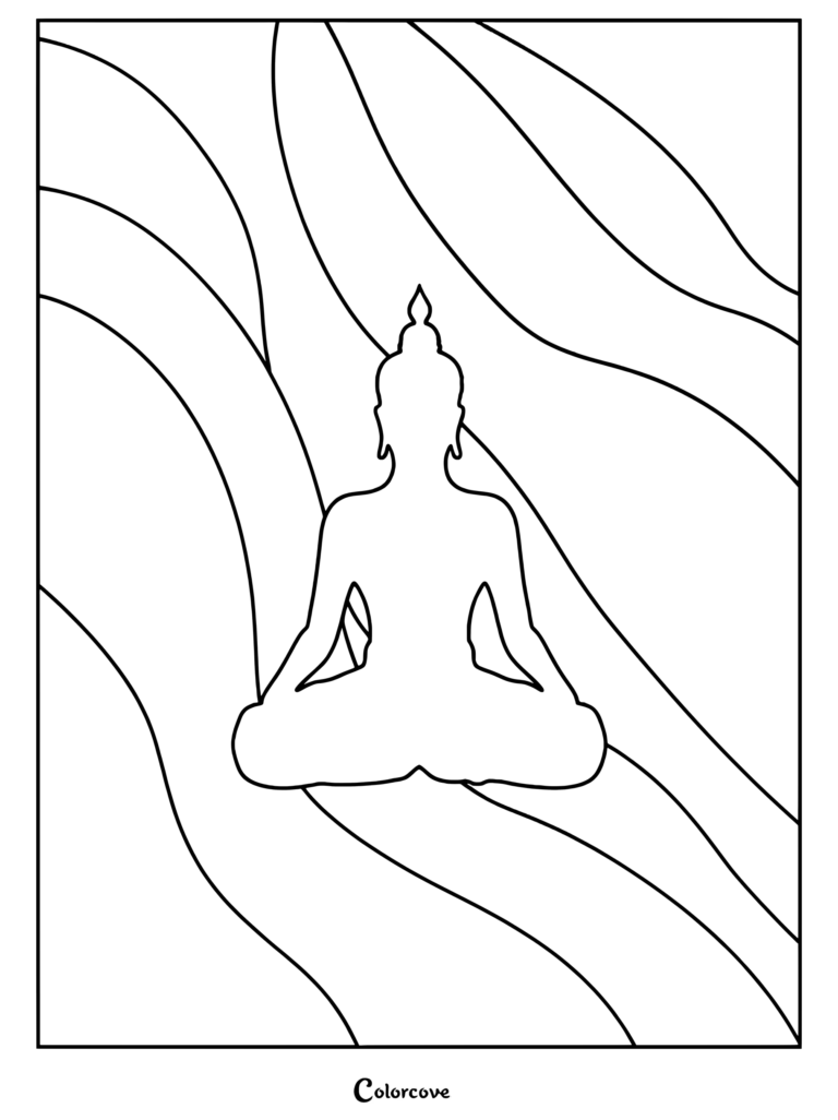 A minimalist Buddha silhouette in a lotus position against a background of flowing abstract waves in this printable coloring page.