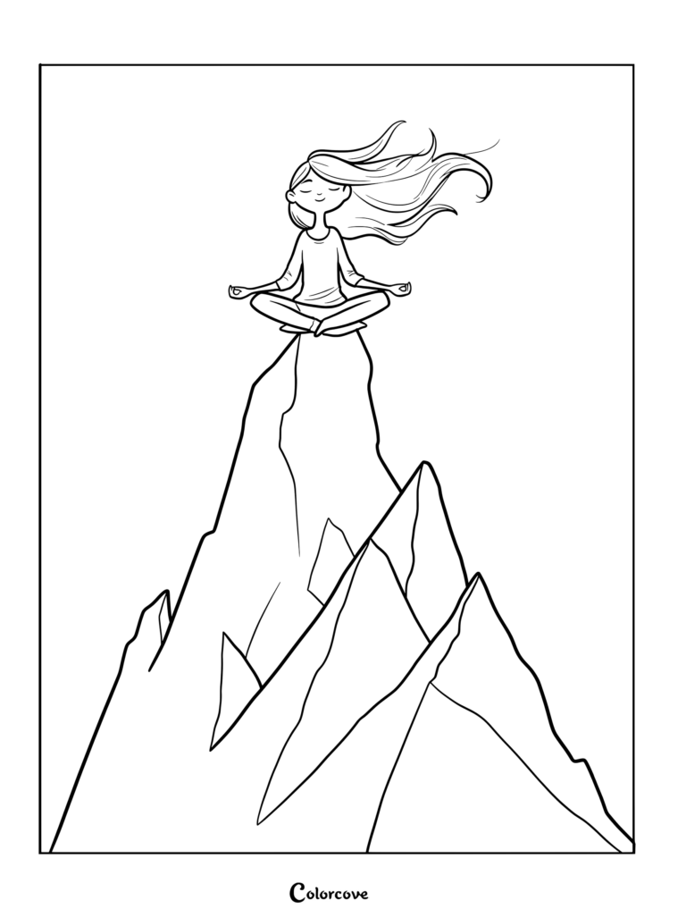 A girl with long flowing hair sitting in a lotus pose on a mountain peak, line art coloring page.