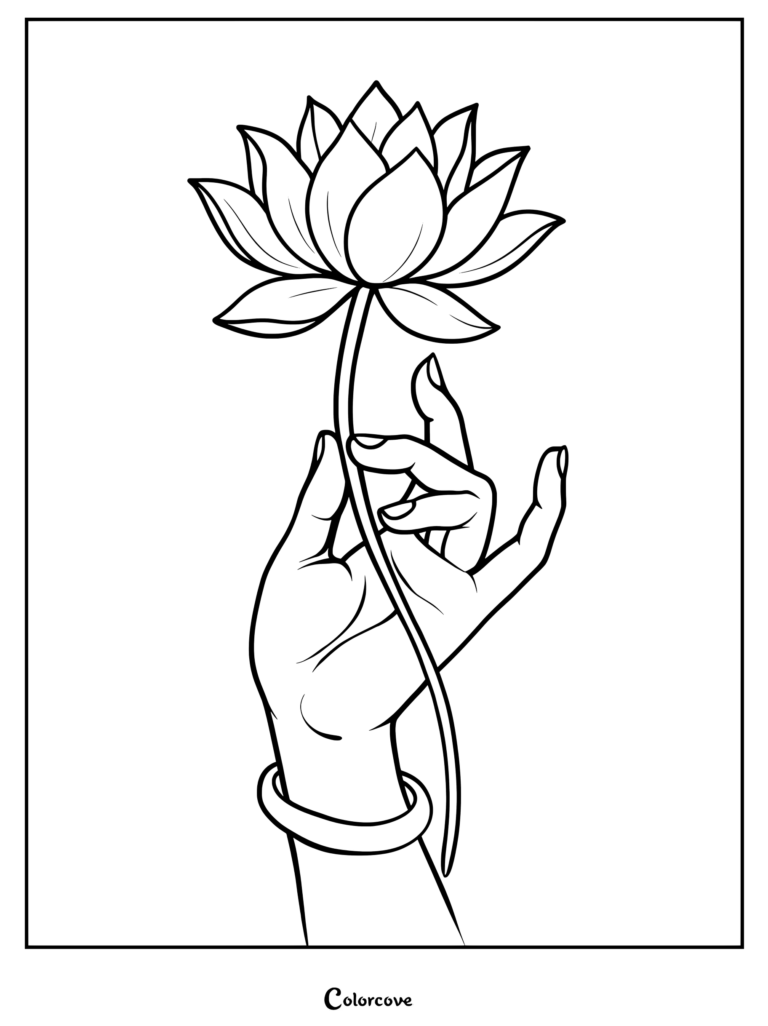 A line art coloring page showing a graceful hand wearing a simple bangle bracelet holding a blooming lotus flower by its stem.