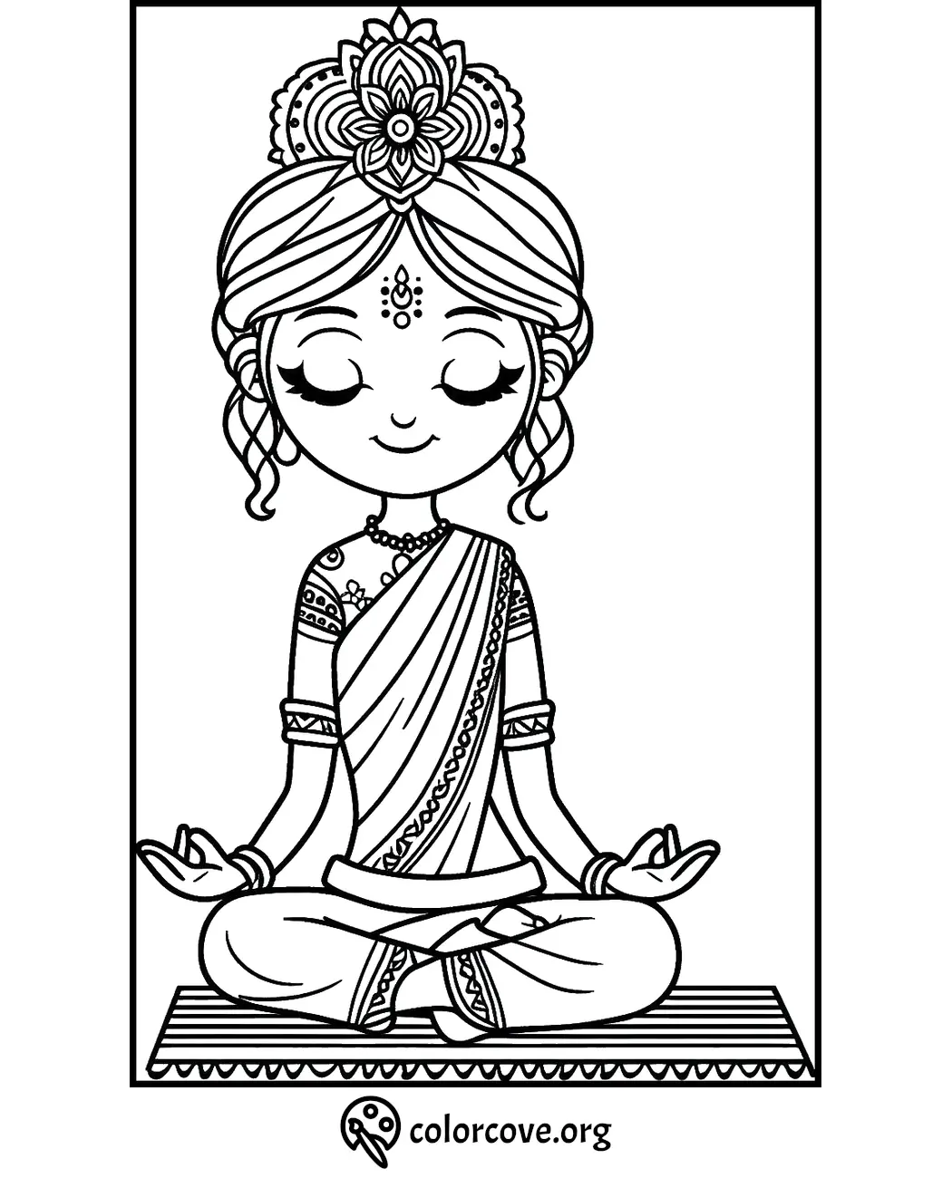 a woman sitting in a lotus position with mountains and flowers