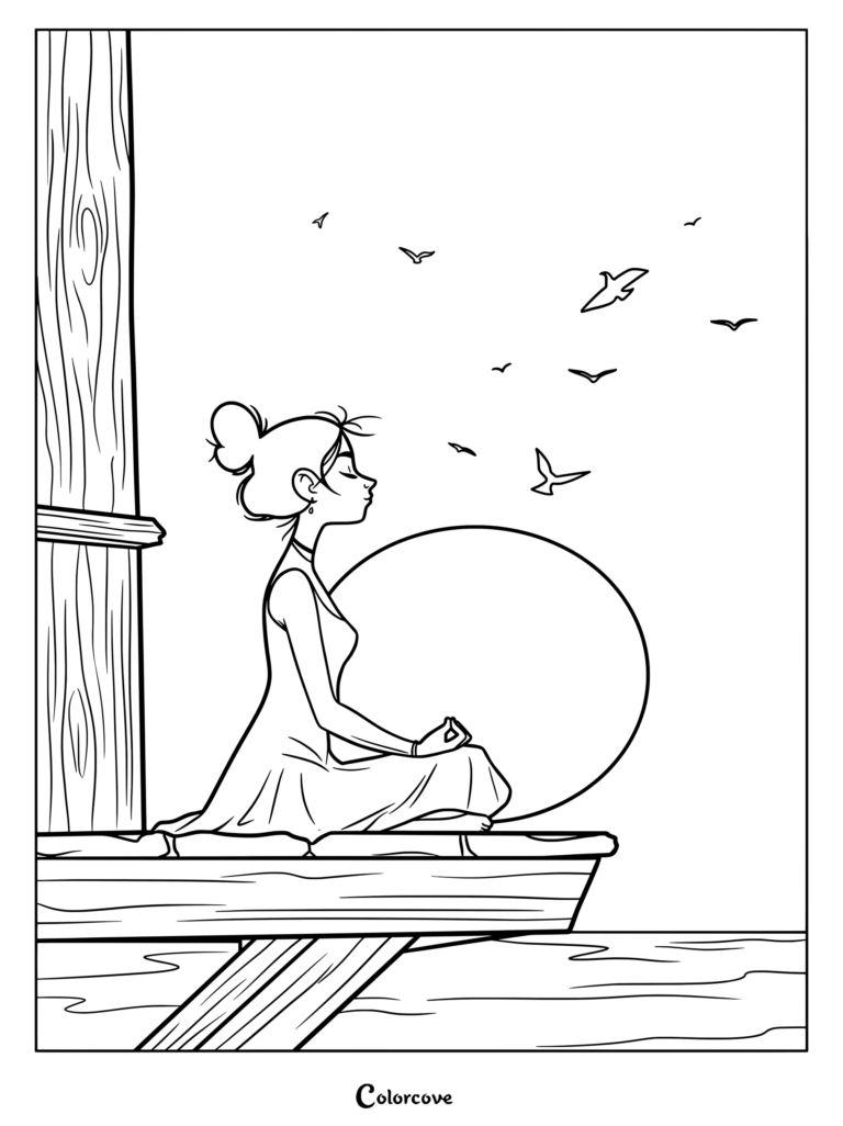 A woman with a bun hairstyle sitting in a lotus position on a wooden pier, meditating as birds fly past a large sun, coloring page.