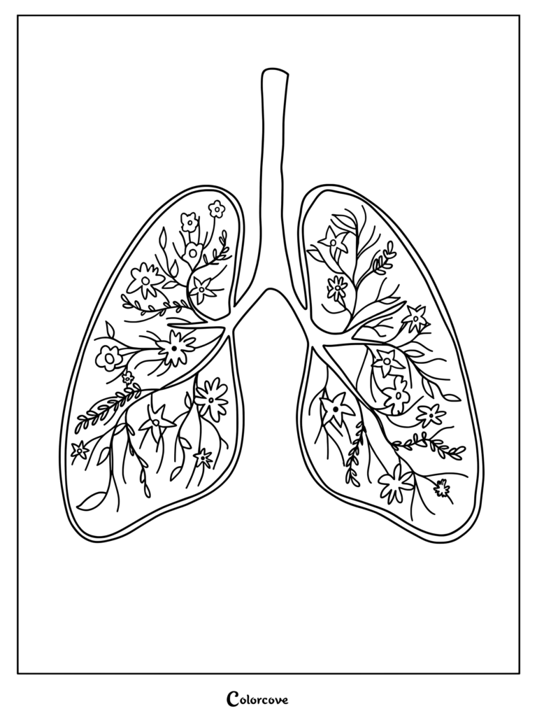 A line art coloring page featuring human lungs filled with intricate floral patterns and botanical branches for mindful breathing practice.