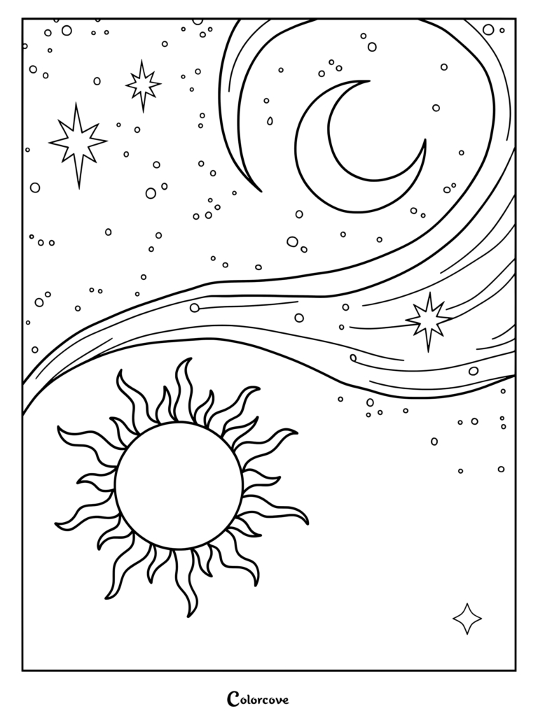 A celestial coloring page featuring a sun and moon in a yin yang composition with swirling lines and stars.