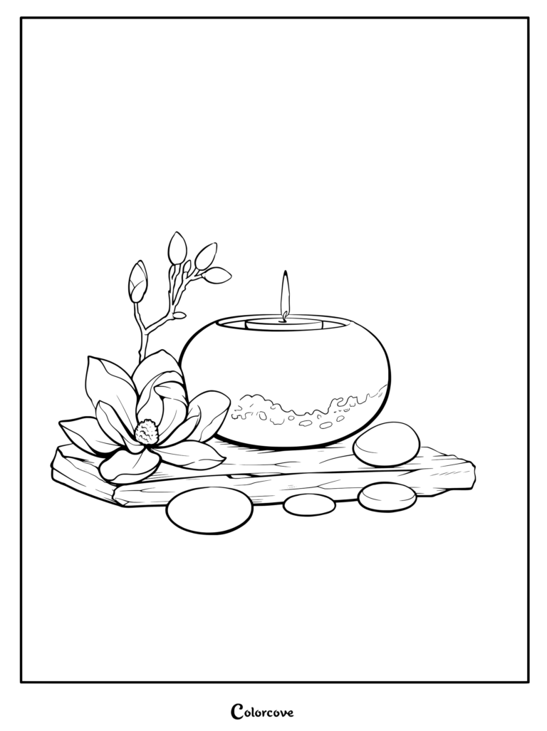 A zen meditation coloring page featuring a lit candle in a glass bowl, a blooming magnolia flower, and smooth river stones on a wooden plank.