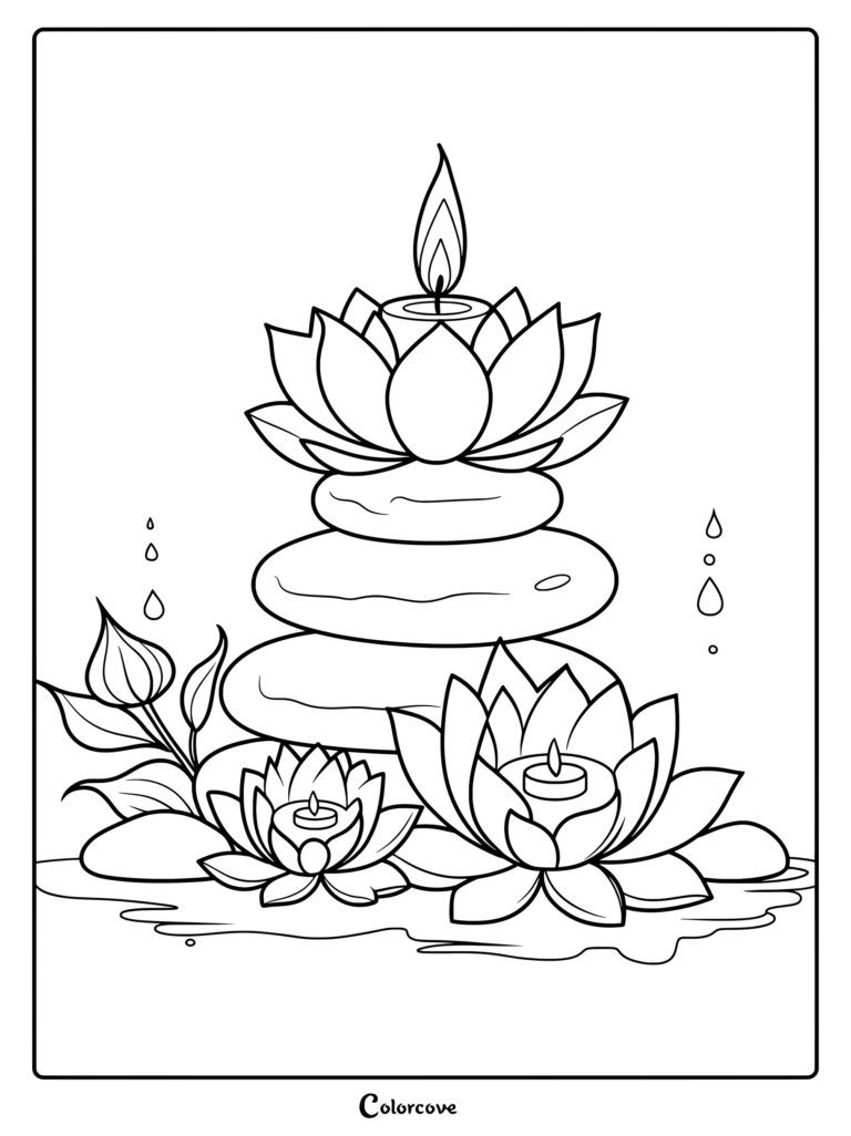 A zen meditation coloring page featuring a stack of smooth stones topped with a lotus candle, surrounded by two blooming lotus flowers and water droplets.
