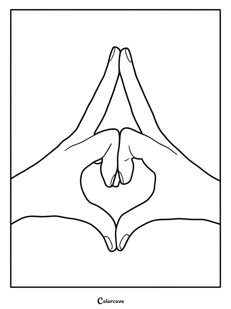 Line art coloring page showing two hands forming a heart shape with index fingers pointing upward in a mudra meditation pose.