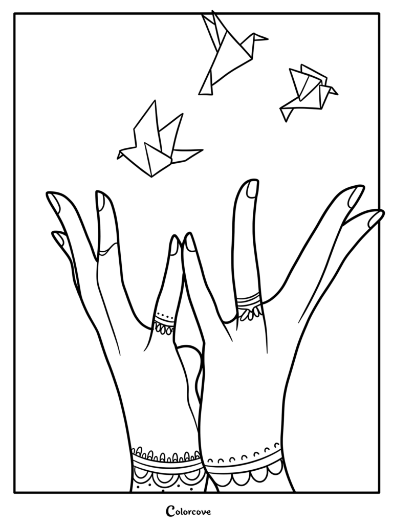 A line art coloring page showing two hands in a meditation mudra pose with three origami birds flying above, featuring intricate henna-style wrist patterns and rings.