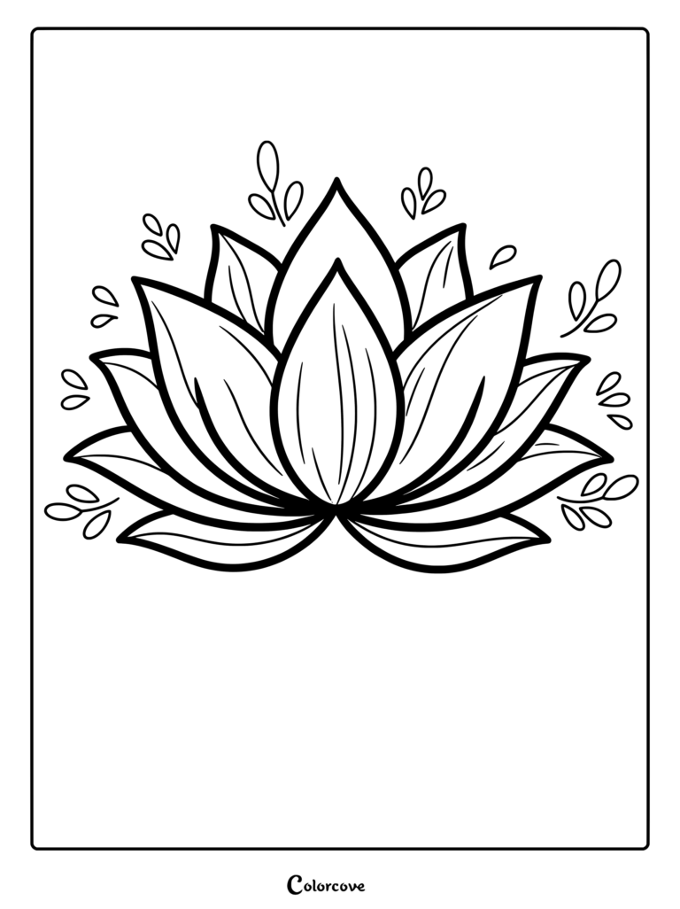 A simple line art coloring page featuring a blooming lotus flower surrounded by floating leaves and petals.