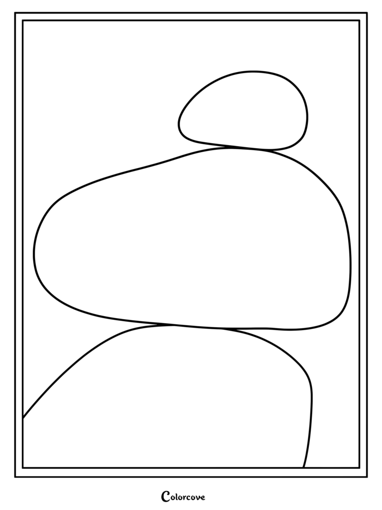 A minimalist coloring page featuring three smooth, balanced river stones stacked vertically in a simple frame.
