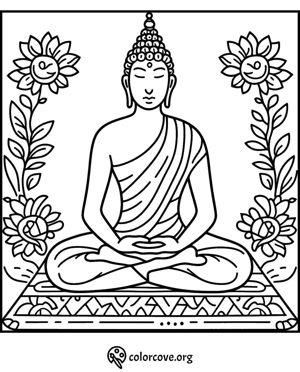 a black and white drawing of a buddha sitting on a rug