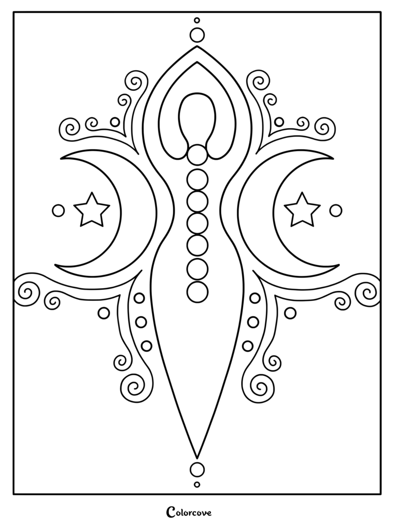 A minimalist line art coloring page featuring a stylized goddess silhouette flanked by crescent moons and stars with decorative swirls.