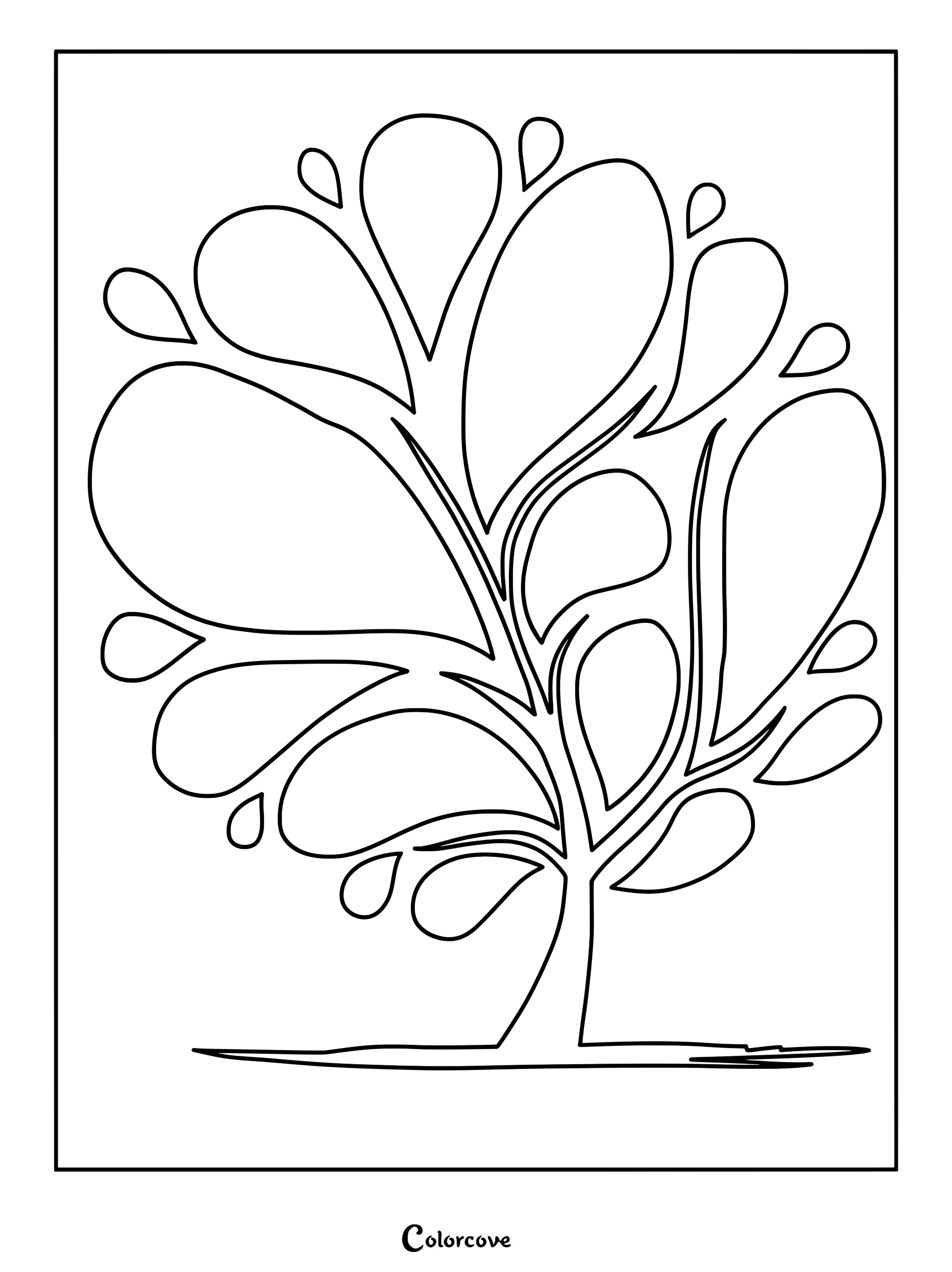 Una página para colorear minimalista que presenta un árbol estilizado compuesto por grandes hojas y ramas redondeadas con forma de lágrima.
