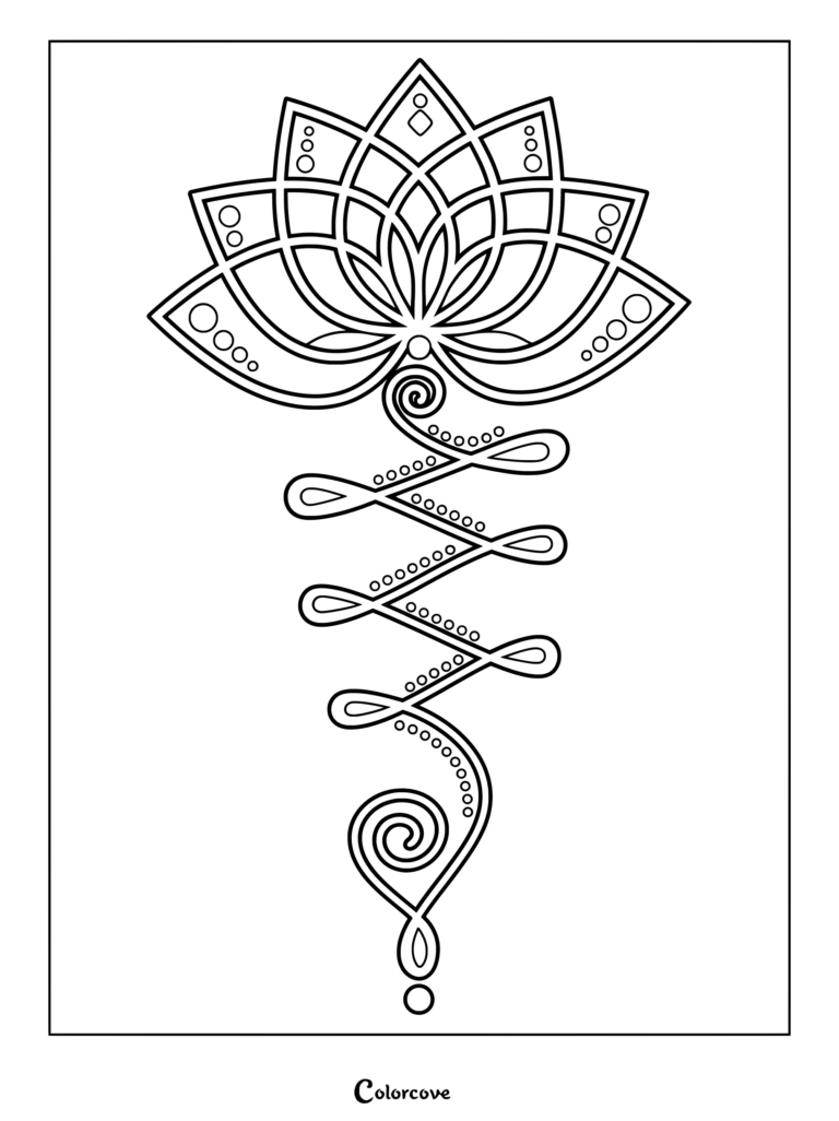 A black and white coloring page featuring a lotus flower blooming above a decorative unalome spiral with dotted accents.