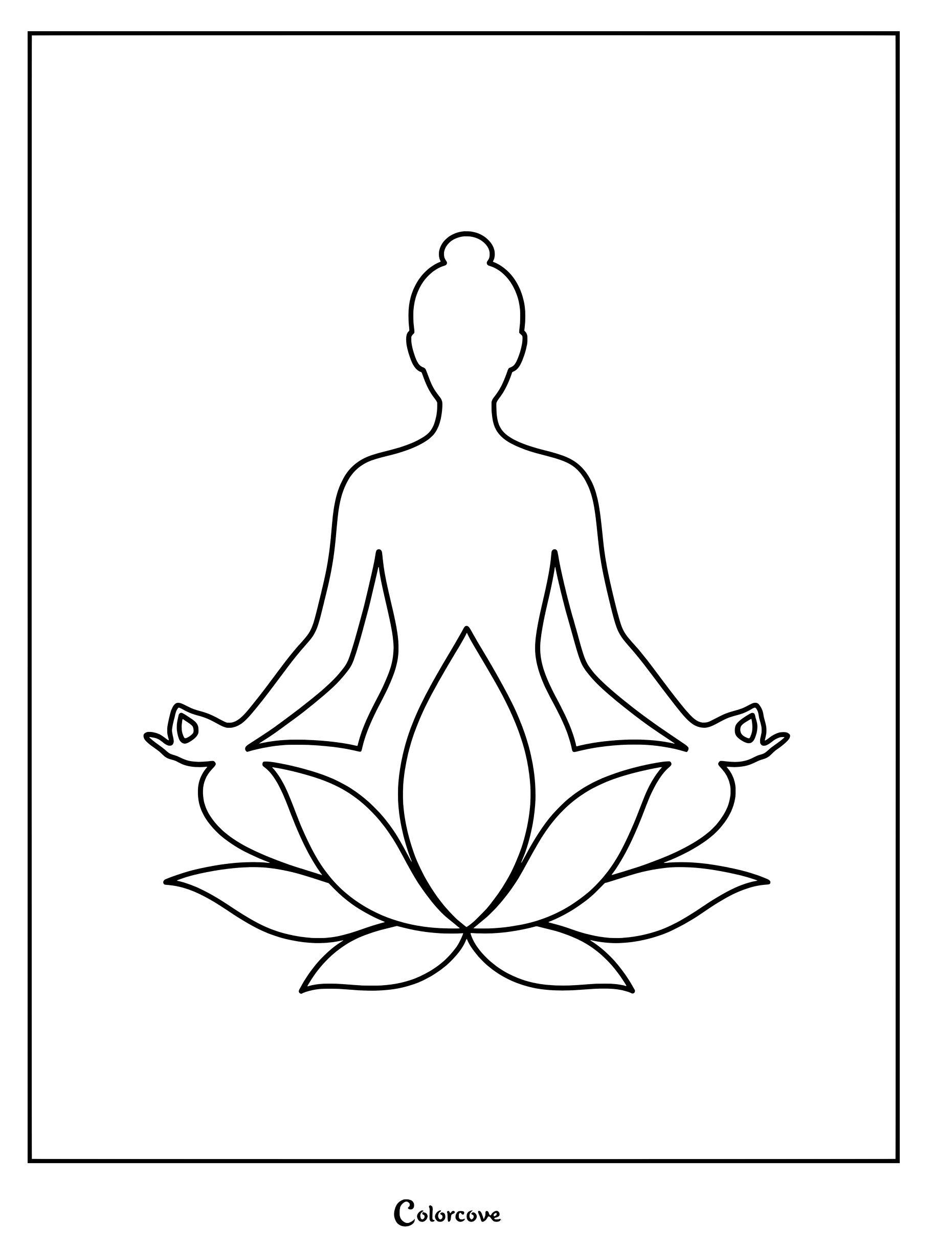 Dibujo minimalista para colorear de una persona sentada en postura de meditación de loto con las manos en mudra dentro de una gran flor de loto.