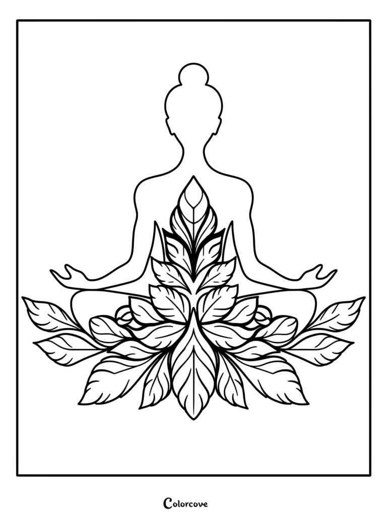 A minimalist coloring page featuring a silhouette of a person in a lotus meditation pose surrounded by intricate botanical leaf patterns.