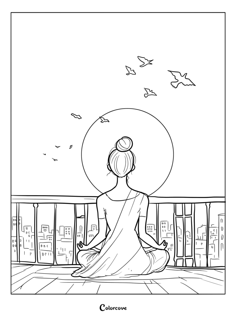 A woman with a hair bun sitting in a lotus pose on a balcony overlooking a city skyline at sunset, depicted as a line art coloring page with birds flying in the sky.