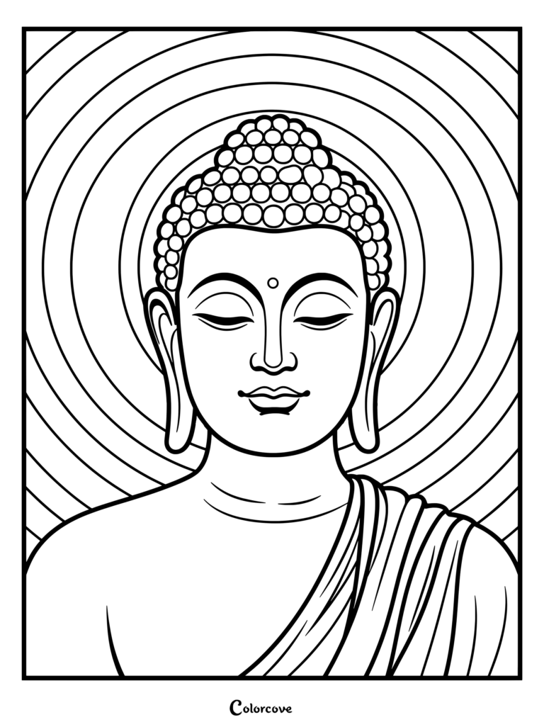 A serene Buddha portrait coloring page featuring concentric circular ripples in the background and traditional ushnisha hair detail.